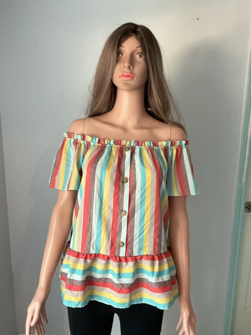 Vine & Love Multicolor Striped Off-Shoulder Peplum Top